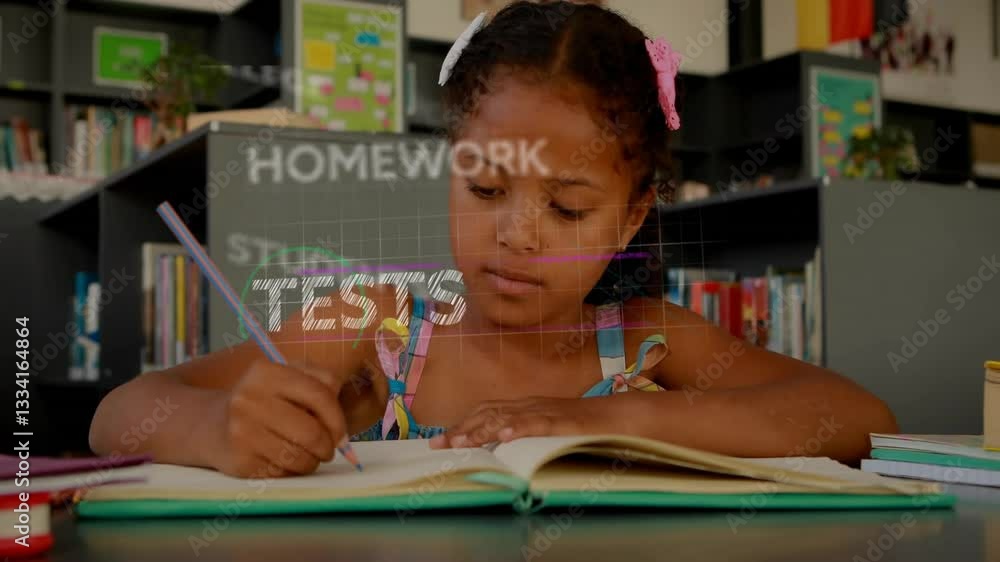 Poster in school library, child studying with homework and animation text overlay