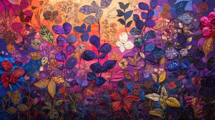 Vibrant Textile Art Featuring Colorful Leaves and Floral Designs