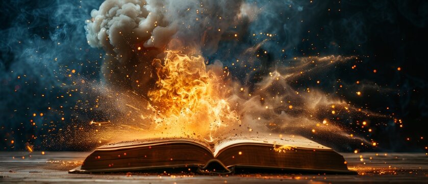 A background with a magical book spewing fire and sparks is perfect for fantasy book covers, advertising magical games or themed events.