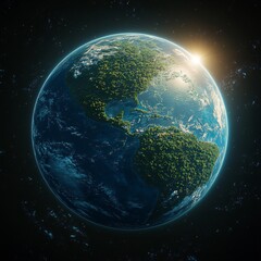 Fototapeta premium Green Earth in space at sunrise