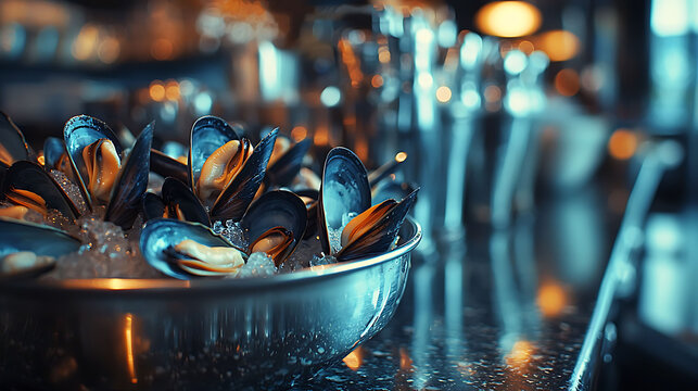 Fresh mussels on ice in a metallic bowl, creating a cool, sophisticated image perfect for restaurant menus, culinary websites, or seafood promotions.