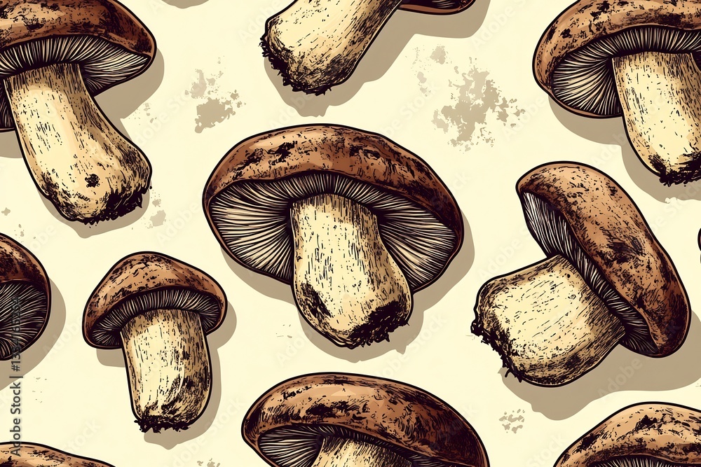 Poster seamless vector pattern of intricate mushroom shapes soft earthy tones muted greens minimal yet deta