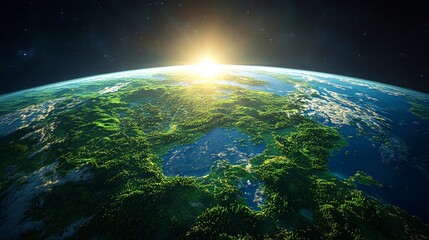 Fototapeta premium Green Earth in space at sunrise