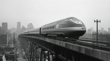 Naklejka premium A sleek train travels over an urban elevated railway bridge