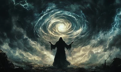 Mystical figure summoning storm portal with divine light and power