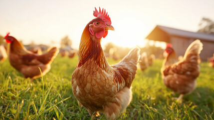 Fototapeta premium Farmyard Harmony: A Flock of Chickens Roaming Freely A lively rural scene featuring a group of chickens pecking at the green grass under the golden morning sun, embodying the essen