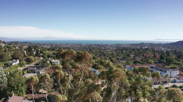 Wide rising aerial shot of Santa Barbara from the Spanish Mission in Southern California. 4K