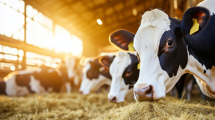 Dairy Farm Life: Cows Feeding in a Traditional Cowshed A peaceful dairy farm scene where a herd of cows enjoys fresh hay in a well-lit barn, highlighting ethical and sustainable an
