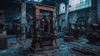 Obraz premium A factory's abandoned mechanical press with rusted moving parts and an eerie atmosphere