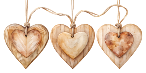 Heartfelt Trio: Three intricately crafted wooden hearts, suspended by twine, exude rustic charm and romantic warmth, each with unique patterns and textures, symbolizing love and affection.AI Generated