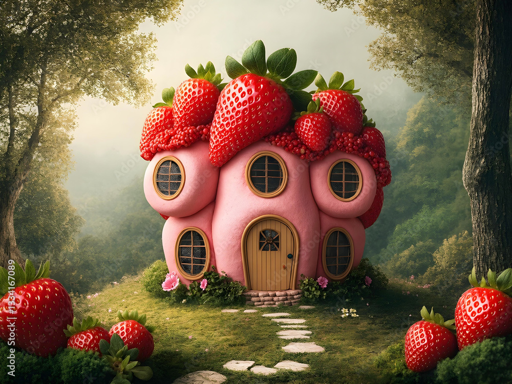 Poster a whimsical strawberry house nestled in a lush forest, with strawberry accents and a cobblestone pat