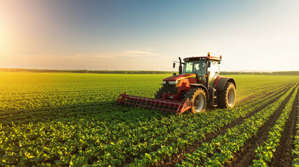Farm Innovation: Heavy-Duty Tractor Operating in a Lush Landscape A modern agricultural tractor with attached plow moving through rows of green crops, capturing the essence of sust