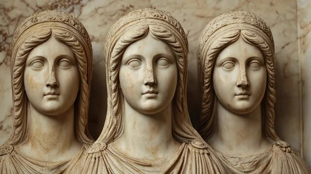 Three ancient marble statues of women stand side by side showcasing intricate details of classical artistry and design