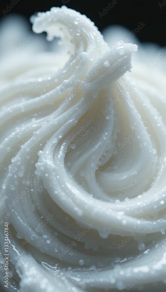 Poster swirled creamy texture with sparkling droplets on dark background