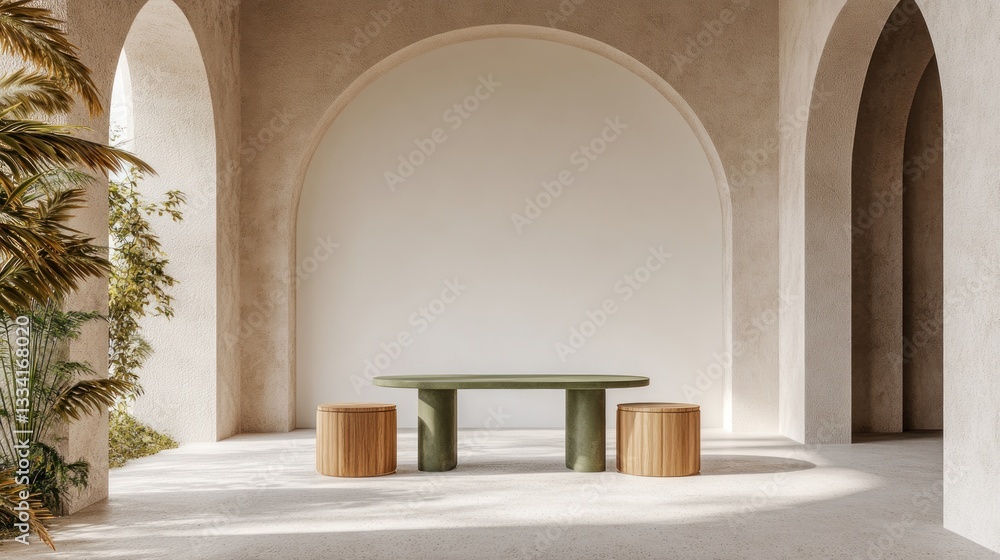 Poster serene oasis: minimalist table and stools in an archway setting