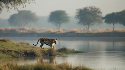 The tiger prowled along the edge of the lake, its striking orange and black stripes contrasting beautifully with the lush greenery and shimmering water, as it paused to drink and survey its surroundin