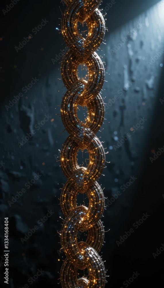 Poster abstract metallic chain with sparkling details against dark background