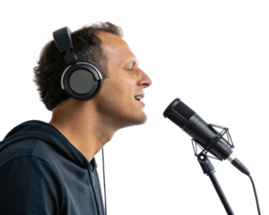 man singing into microphone while wearing headphones, expressing passion and creativity