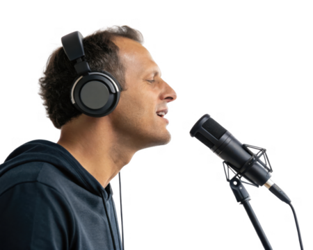 man singing into microphone while wearing headphones, expressing passion and creativity