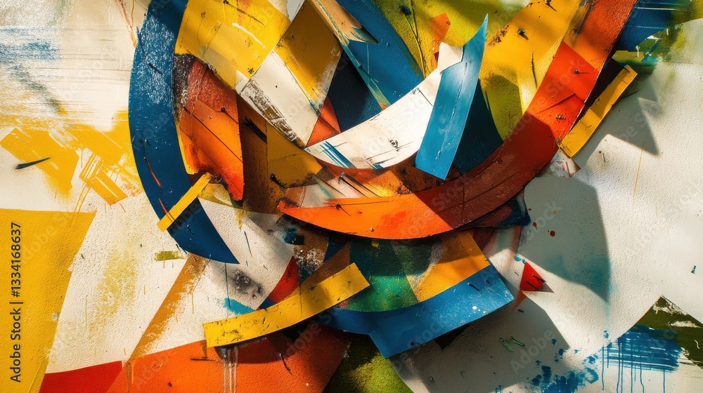 Poster abstract colorful composition with shapes and paint on canvas