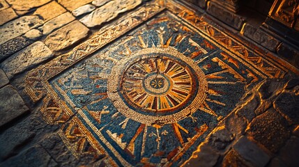 Exquisite ancient mosaic floor with intricate circular sun pattern