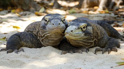 Obraz premium Komodo Dragons on the Beach: A Majestic Encounter