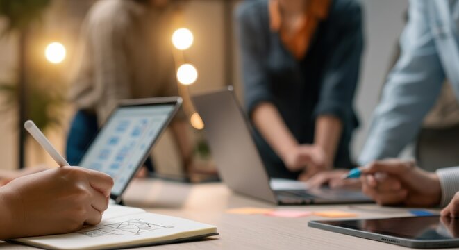 Collaborative work environment with technology and engaged professionals in an office setting