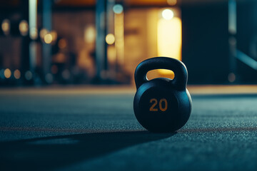 Black kettlebell with yellow number 20 on gym floor in a blurred gym setting featuring various fitness equipment.
