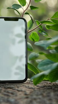 Smartphone resting on a stone surface surrounded by lush green foliage in natural sunlight