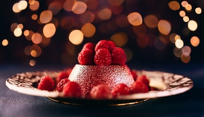  Elegant Dessert with Red Raspberries Glistening on Dark Background with Bokeh Lighting 