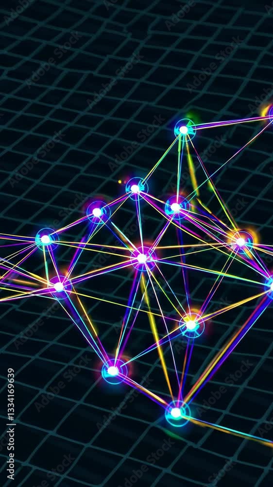 Poster dynamic network of colorful light nodes on geometric grid pulsating with energy