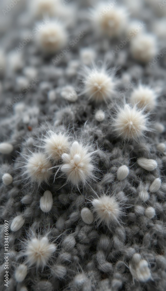 Poster close-up of unique grey fuzzy texture with delicate white structures
