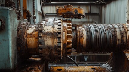 A hydraulic drill machine with exposed metal gears and thick steel cables, industrial atmosphere