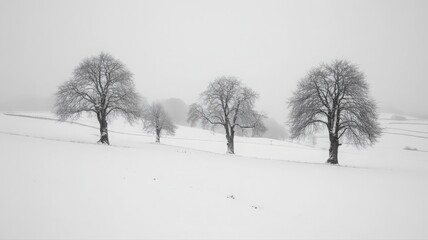 Three Leafless Trees in a Snowy Winter Landscape