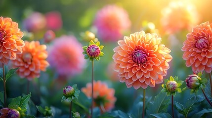Vibrant Peach Dahlias in a Sunlit Garden Blooming Flowers Summer Blossoms Nature Photography