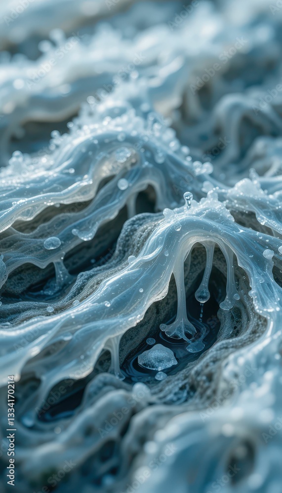 Poster close-up view of abstract water waves with droplets on surface