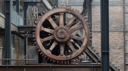 A large, rusted cogwheel connected to an old, disused conveyor system in a factory ruin