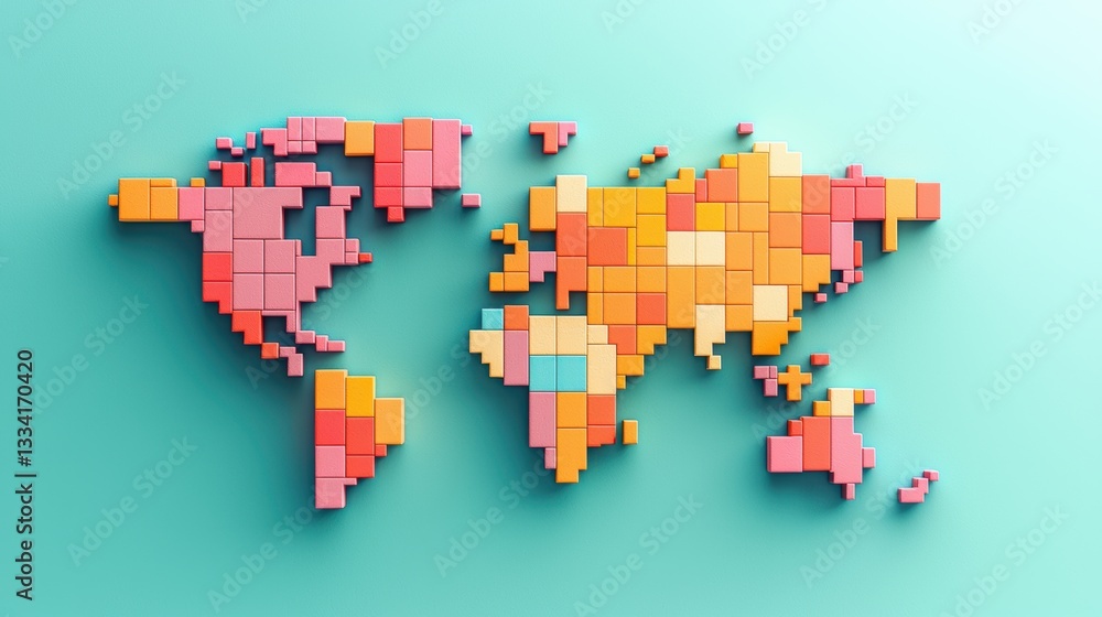 Poster detailed abstract world map formed by colorful blocks on a soft blue background