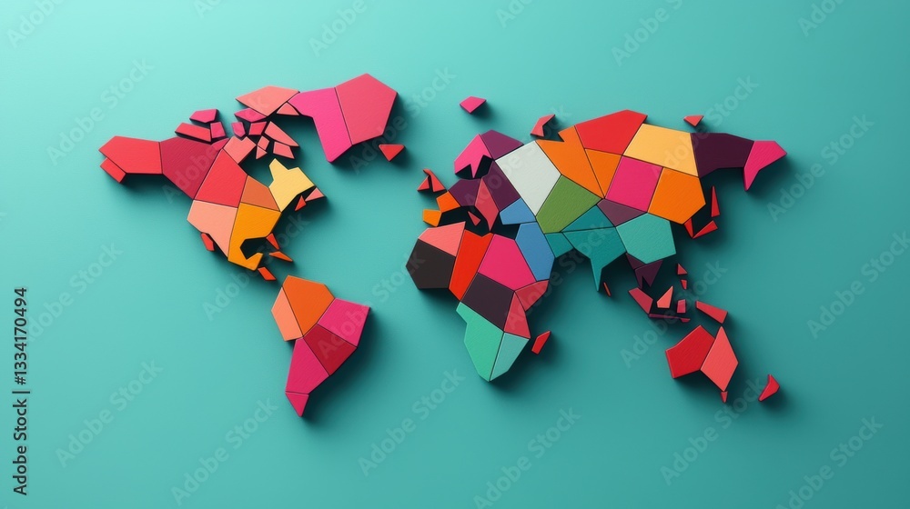 Poster colorful geometric world map with distinct cubes on teal background for modern design concepts