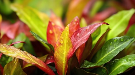 Colorful leaves covered with water droplets after rainfall