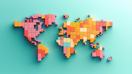 Obraz premium Detailed Abstract World Map Formed by Colorful Blocks on a Soft Blue Background