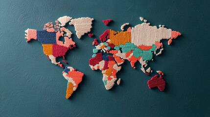 Vibrant World Map Art Constructed from Colorful Textiles and Yarn for Visual Impact
