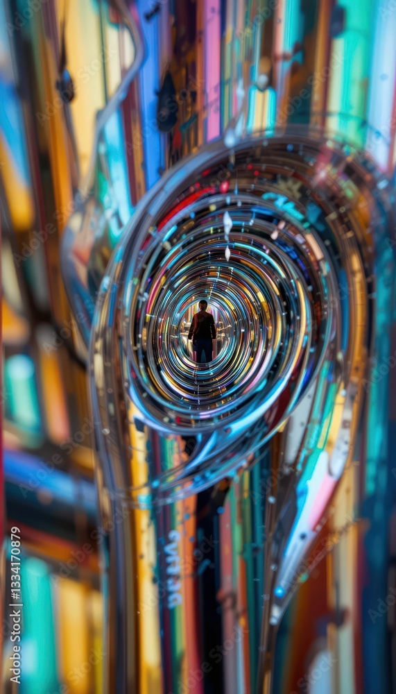 Poster abstract tunnel with colorful light patterns and silhouette figure