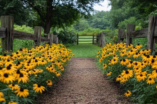 Rustic path lined with yellow flowers leading to a wooden gate - Powered by Adobe