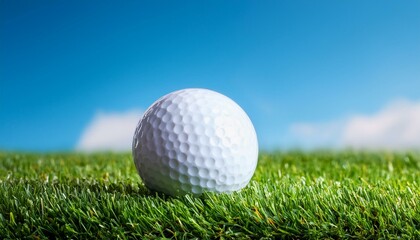 Obraz premium Immaculate golf ball on vibrant green, clear blue sky , championship, close-up