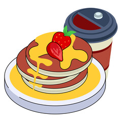 Pancakes With Strawberry Sauce with maple syrup isometric Concept, French Crepes vector icon design, Cooking breakfast symbol, Morning Meal Dishes Sign, Restaurant or cafe menu stock illustration