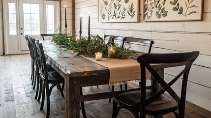 A rustic countryside barn dining room featuring a long