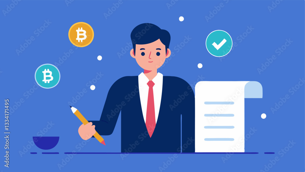 Poster document signing an official wearing a suit is seen signing a document labeled crypto regulations wi