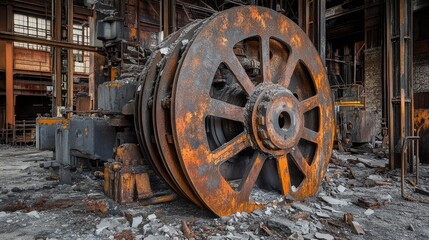 A massive, rusted flywheel with cracked surfaces and metal debris surrounding it