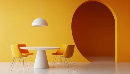 Warm and modern dining area featuring a round white table with four yellow chairs that have sleek metal legs, set beneath a white dome-shaped pendant light. The vibrant setting is complemented